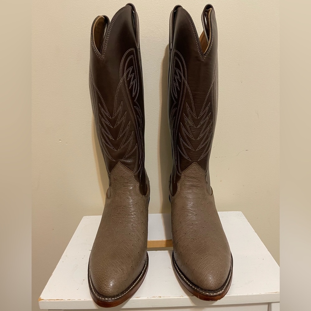 NWT Alberta Boots Gray Brown Ostrich & Cowhide Cowboy Western Boots Men Size 8.5 - Picture 4 of 10